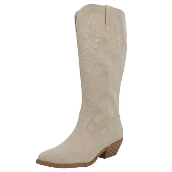 Size 8 Sand Faux Leather Stitching Cowboy Knee High Boots - Picture 3 of 6